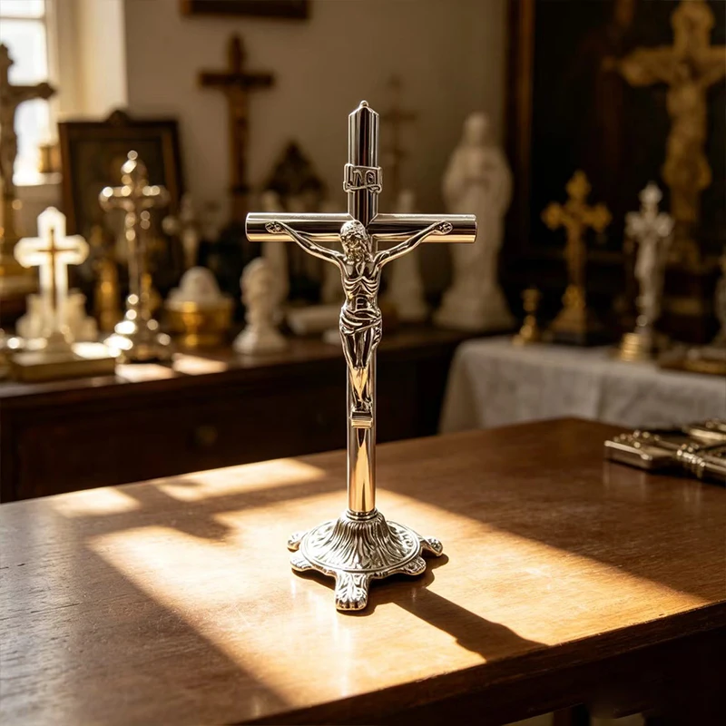 Фото Новый металлический католический крест-распятие с надписью INRI «Иисус Христос», серебристый или розово-золотой, алтарный крест для украшения дома и церкви, подарок. №3