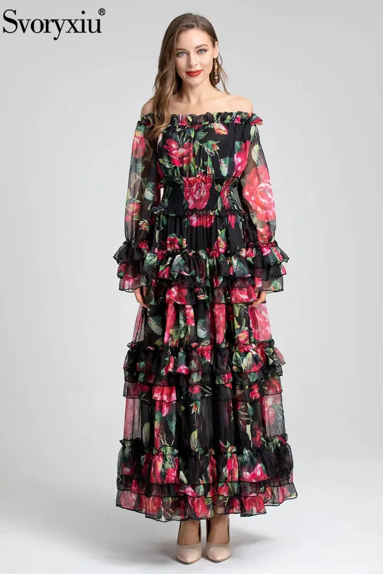 

Женское винтажное платье Svoryxiu, разноцветное длинное платье с цветочным принтом, вырезом лодочкой и высокой талией на лето 2019