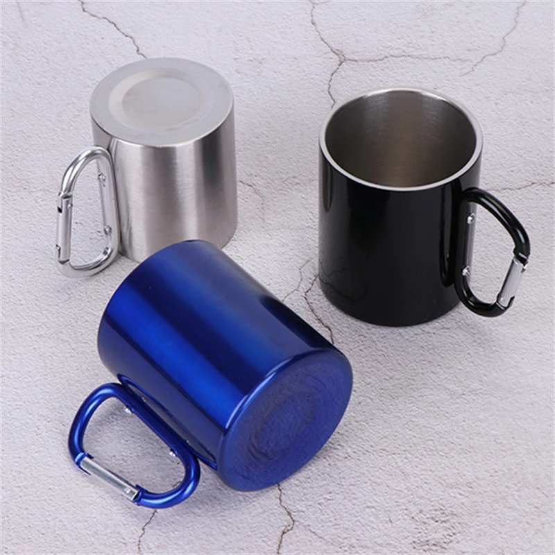 220/300ml Outdoor Camping Travel Stainless Steel Cup Carabiner Hook Handle Picnic Water Mug Outdoor Travel Hike Portable Cups