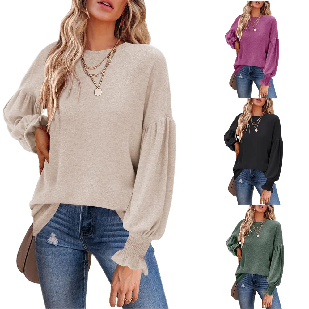 Купи Lantern Sleeve O Neck Loose Ladies T-Shirts Long Sleeve Solid Color Casual Tees Spring Autumn New Fashion Blouse For Women Tops за 408 рублей в магазине AliExpress