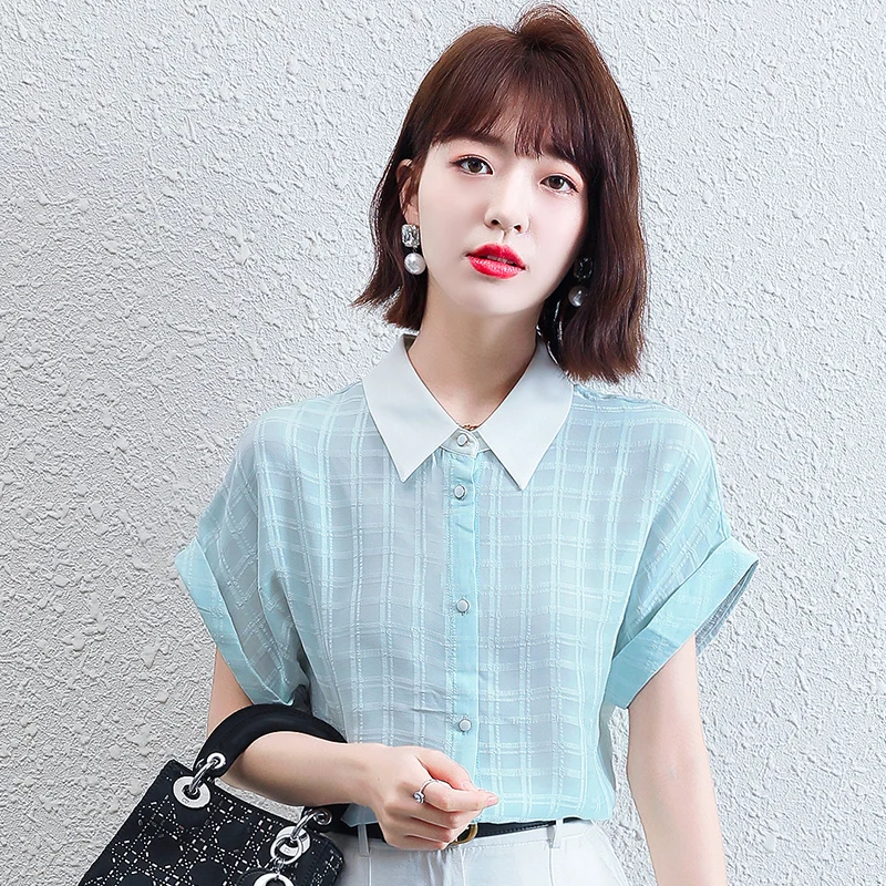 

Chiffon Loose Women's Blouses New Fashion Plaid Printing Polo Shirt Summer Female Clothing Casual Short Sleeve Top