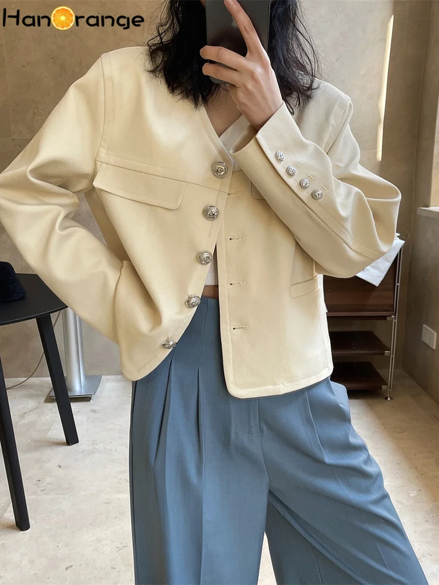 HanOrange Single-breasted V-Neck Blazer Women Casual Cropped Jacket Loose Short Casual Outerwear Spring 2022 Outer Ladies