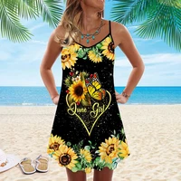 sunflower butterfly girl print spaghetti strap dress for women casual sleeveless dresses knee length spaghetti strap dresses