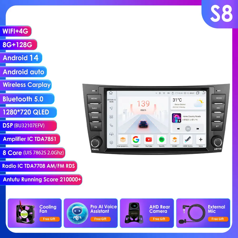 

Hizpo 8 "2 Din автомобильный радиоприемник Carplay для Mercedes-Benz E-class W211 GLS W219 W209 W463 Android 14 Мультимедийный плеер GPS RDS FM BT 4G