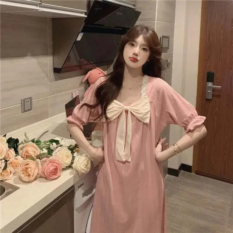 QWEEK Women Nightgown Bow Lace Nightdress Korean Fashion Long Sleep Dress Summer Autumn Short Sleeve Homedress Comfortable Cute