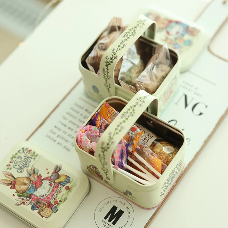 

Candy Box Cartoon Rabbit Pattern Good Sealing With Handle Vintage Gift Giving Portable Easter Cookie Gift Tins For Holiday