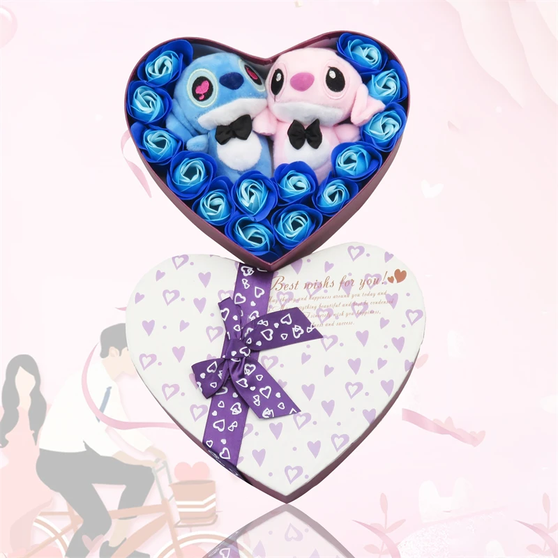 

Kawaii Disney Lilo Stitch Plush Doll Toys Rose Bouquet Gift Box Stitch Flower Bouquet Home Decoration Valentine Christmas Gifts