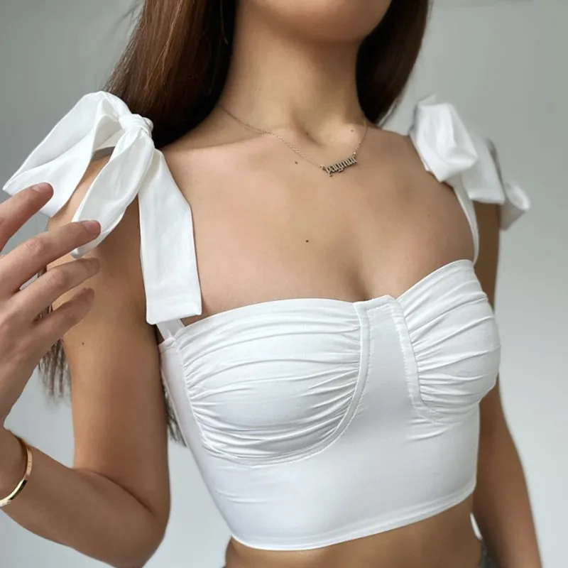 

Sleeveless Bandage Sexy Solid Women Summer Short Top Female Spaghetti Straps Summer High Street Style Tank Crop Top 2022 New