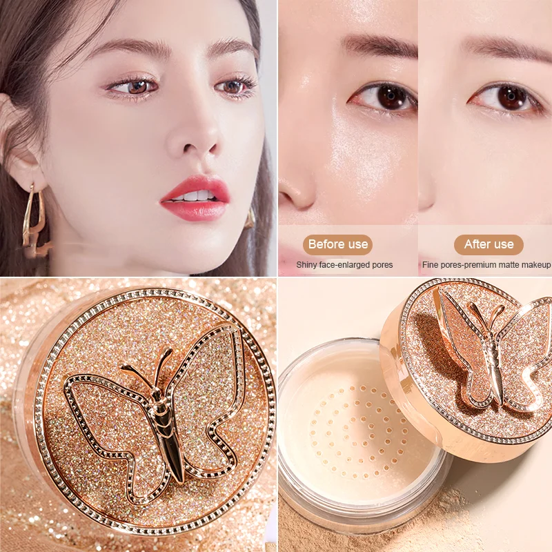 

Butterfly Loose Powder Face Makeup Setting Powder Refreshing Oil Control Waterproof Cover Pore Lasting Brighten Concealer Powder