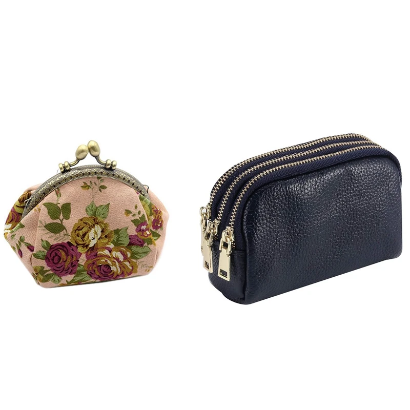 

2 Pcs Wallet: 1 Pcs Vintage Flower Clutch Bag (Pink) & 1 Pcs Triple Zip Key Ring Coin Purse Dark Blue
