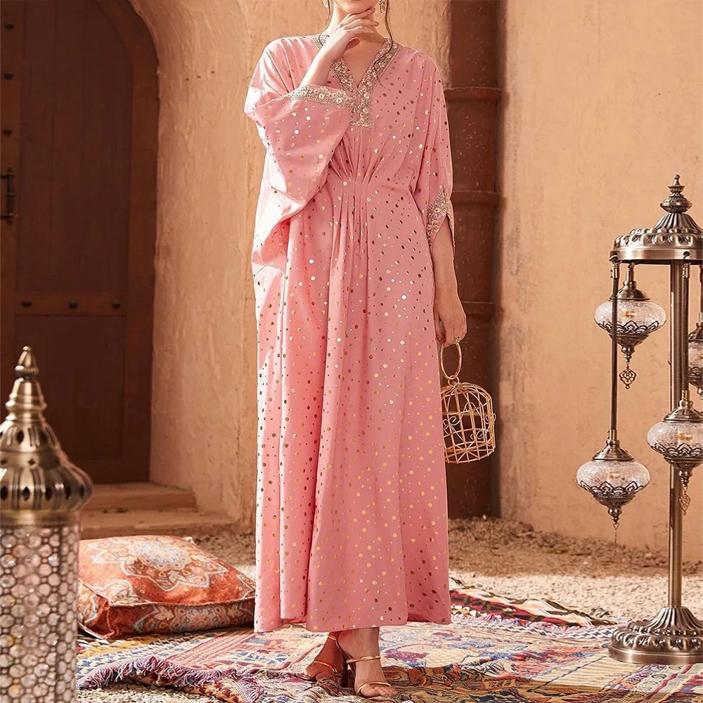 

Kaftan Muslim Dress Dubai Ramadan Women Abaya Bat Sleeve Bronzing Party Dresses Jilbab Long Robe Femme Musulmane Islam Clothing