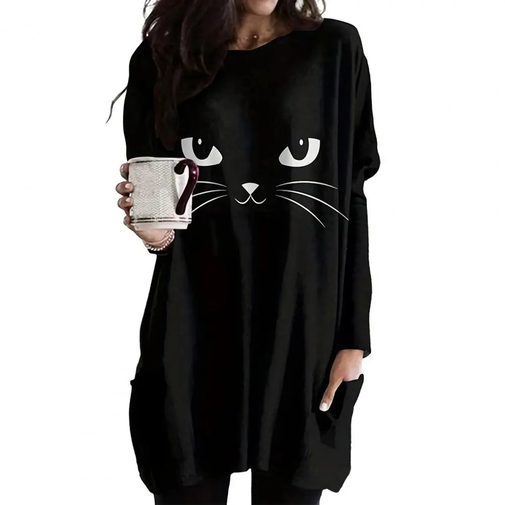 

Breathable Dress Soft Kitty Print Sweatshirt Dresses for Women for Fall Spring with Loose Fit Mid Length Pockets Lady Dress