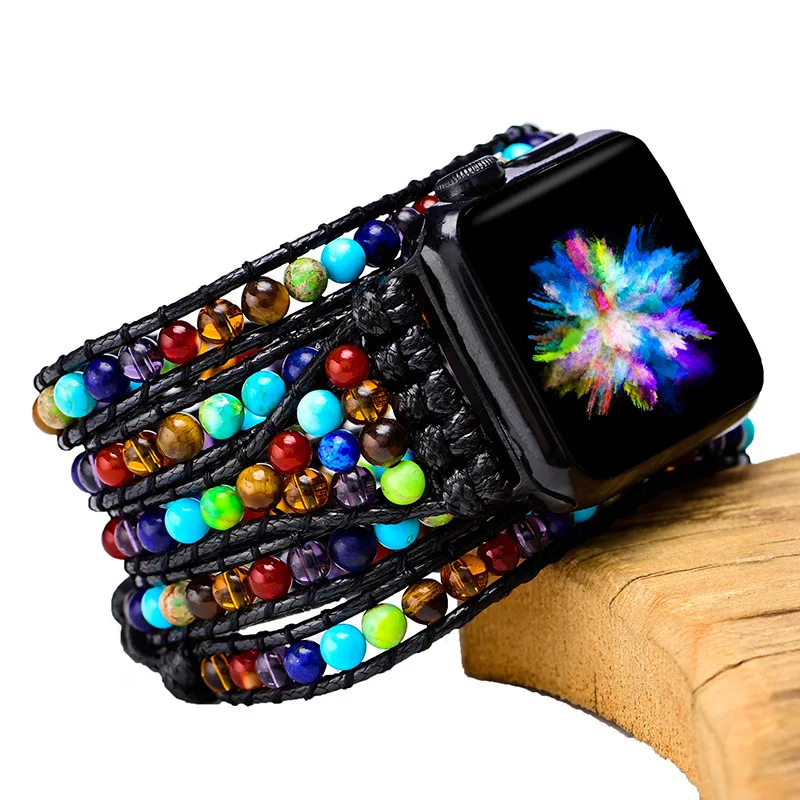 Bohemia for Apple Watch Band 38mm 40mm 42mm 45mm Agate Beaded Bracelet Strap for Iwatch Series 1-7 Ethnic Gothic Wristband