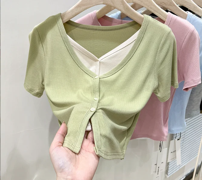 

V-neck short sleeved t-shirt women's ins candy colored top