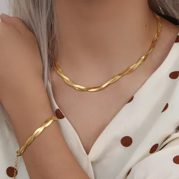 2022 18K Gold Plated Snake Necklace For Women Stainless Steel Braided Herringbone Chain Chokers Necklace Bracelet Set Jewelry 1
