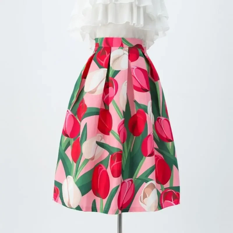 

2024 Vintage Floral Print Skirts Women Spring Summer A-line Streetwear High Waist Retro Party Ladies Midi Skirt Femme C52