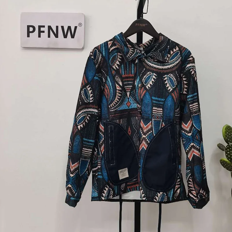 

PFNW Spring Autumn Men's New Original National Style Shirts Jackets Spliced Print Personality Trend Chic Fashion Coat 12A7774