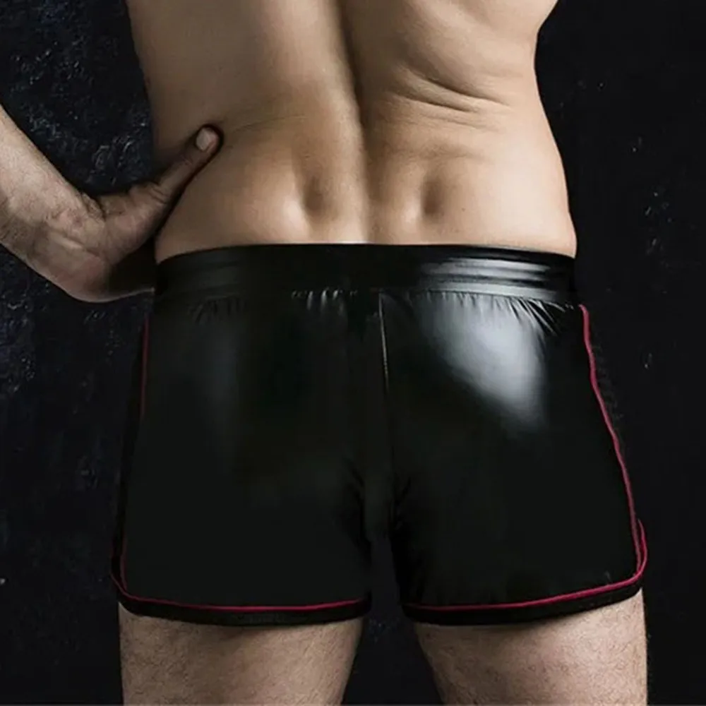 

Men Punk PU Leather Slim Motorcycle Trousers Solid Color Plus Size Shorts Elastic Band Underpants Sissy Panties Sportwear L~3XL