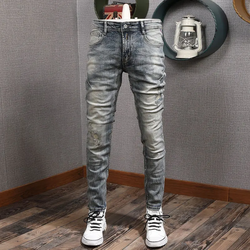 Fashion Vintage Men Jeans Retro Washed Gray Blue Elastic Slim Fit Ripped Jeans Men Trendy Patched Designer Denim Pants Hombre