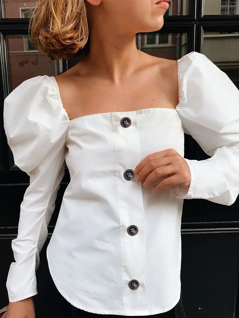 

Europe and The United States Autumn New Style Commuter Women's Wear Square Collar Bubble Sleeve Slim Casual Shirt