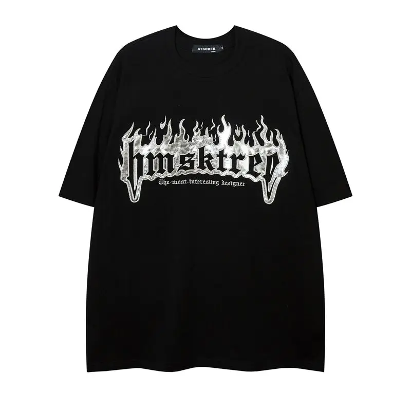 00% Cotton American High Street Graffiti Print Short sleeve T-shirt Men and Women Ins Fashion Brand Summer Loose Hal...