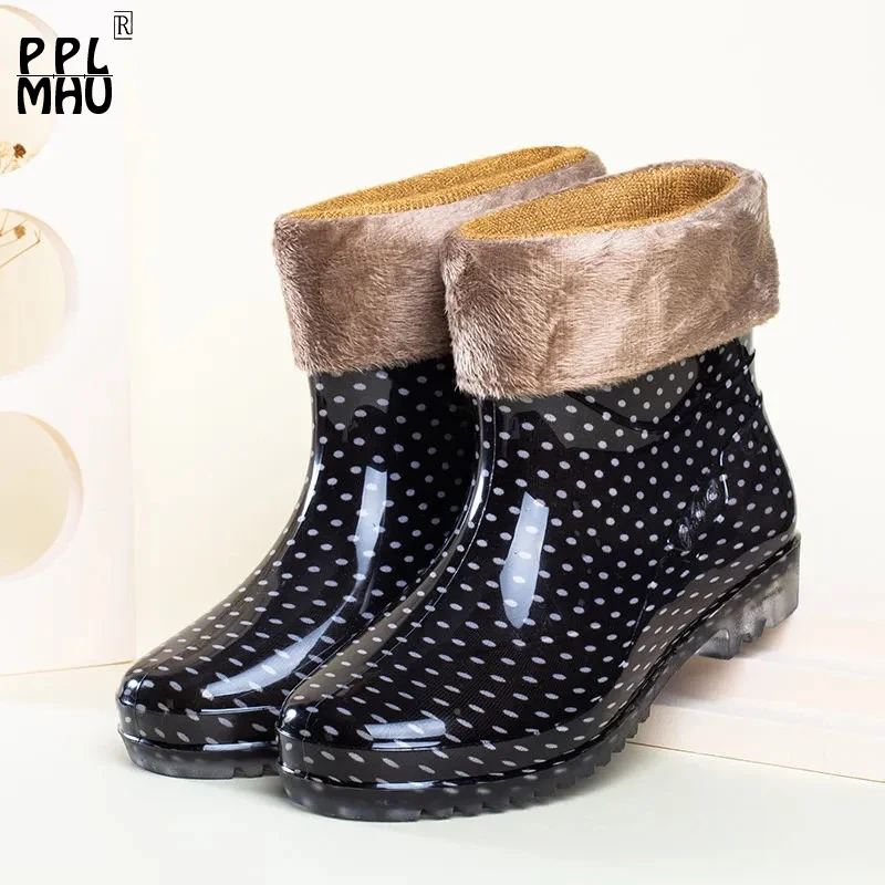 

Зимние теплые утепленные плюшевые ботильоны, Черные Водонепроницаемые Нескользящие резиновые ботинки из ПВХ на низком каблуке, модные удо...