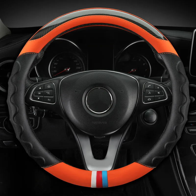 

2022 Модный чехол на руль автомобиля, дышащие Нескользящие Кожаные чехлы из углеродного волокна для руля, универсальное украшение автомобиля...