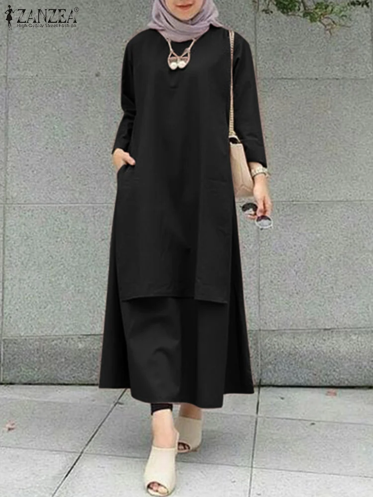 

Femme Fashion Casual Elegant Solid Patchwork Dress ZANZEA Women Muslim Abaya Kaftan Dress Long Sleeved O-Neck Buttons Robes
