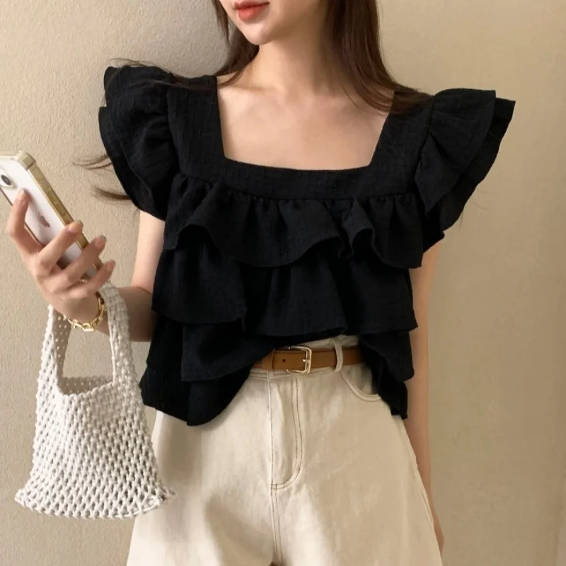 

Women's Blouse Chic foreign style square neck short shirt women's new summer baby shirt design sense of minority loose black top
