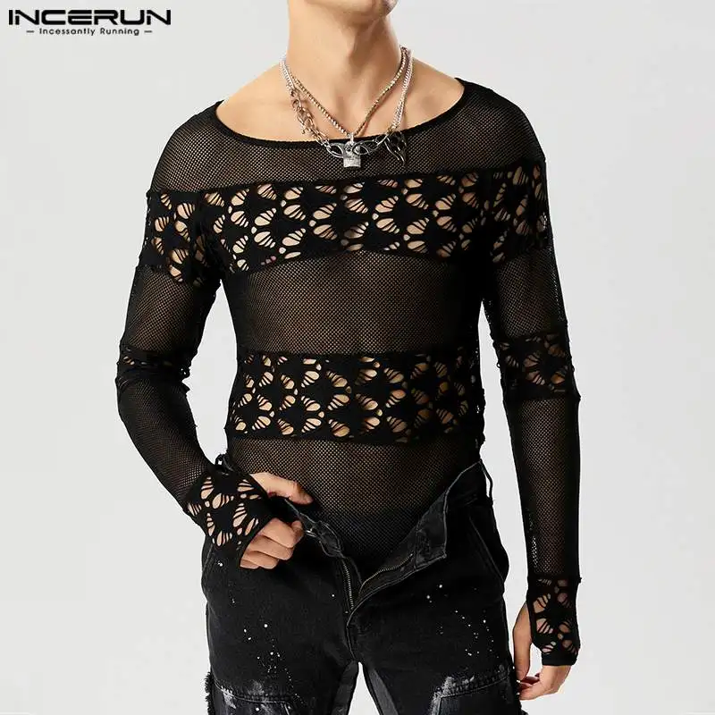 

INCERUN 2023 сексуальные стильные комбинезоны в стиле Me's прозрачные сетчатые дизайнерские комбинезоны мужские треугольные комбинезоны с длинным рукавом