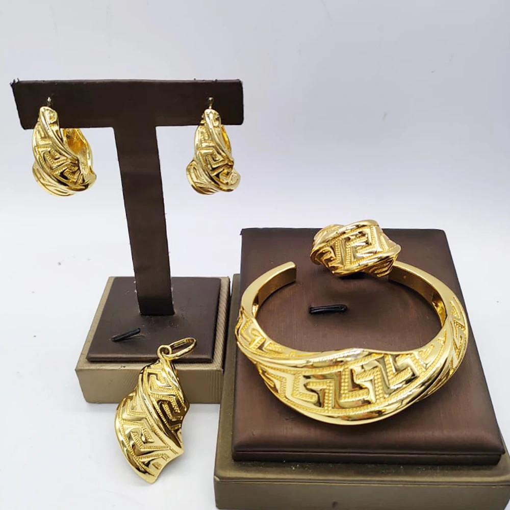 

Ювелирные наборы золотого цвета, женские серьги в стиле Дубая, кольцо, манжета, браслет, подвеска, Свадебный комплект ювелирных украшений в африканском стиле
