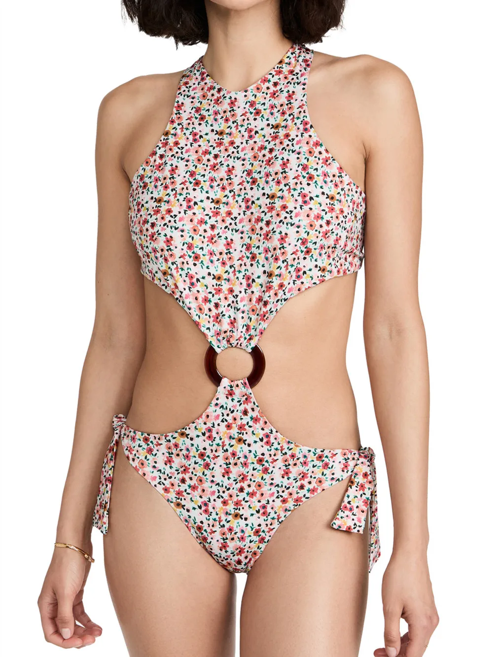 

2022 Sexy Retro Floral Print One Piece Swimsuit Women Cut Out Swimwear With Ring Hoop Cross Back Bandage Monokini Trikini