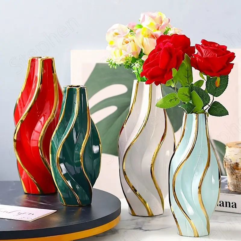 Golden Stroke Abstract Ceramic Vase Nordic Modern Geometric Lines Shape Flower Pots Decorative Tall Floor Vases for Living Room