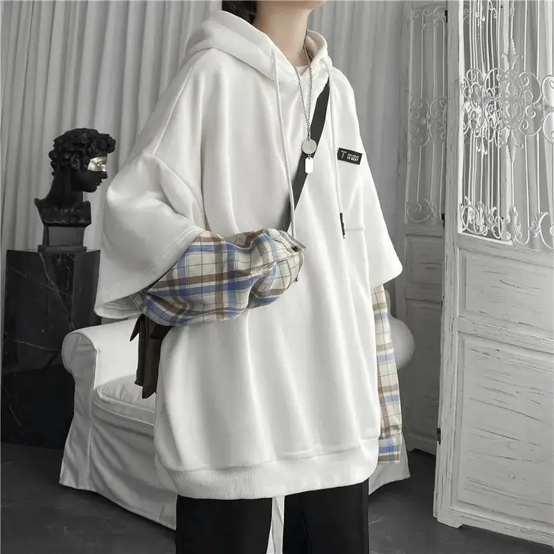 

Новинка 2023, новый клетчатый свитер с капюшоном и имитацией двух частей, женское осеннее платье большого размера, Студенческая Корейская версия, пальто оверсайз в стиле пэчворк