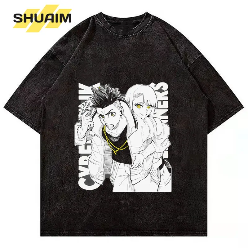 

SHUAIM Anime Men T-Shirt Cyberpunk Edgerunners Print Harajuku Cotton Tshirt Hip Hop Washed Streetwear Summer Short Sleeve Tops
