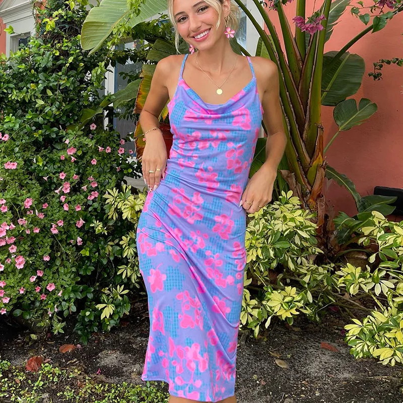 

2022 Spring and Summer Sexy Print Dress Split Suspender Long Midi Dresses for Women Bodycon Dress Bohemian Spaghetti Strap