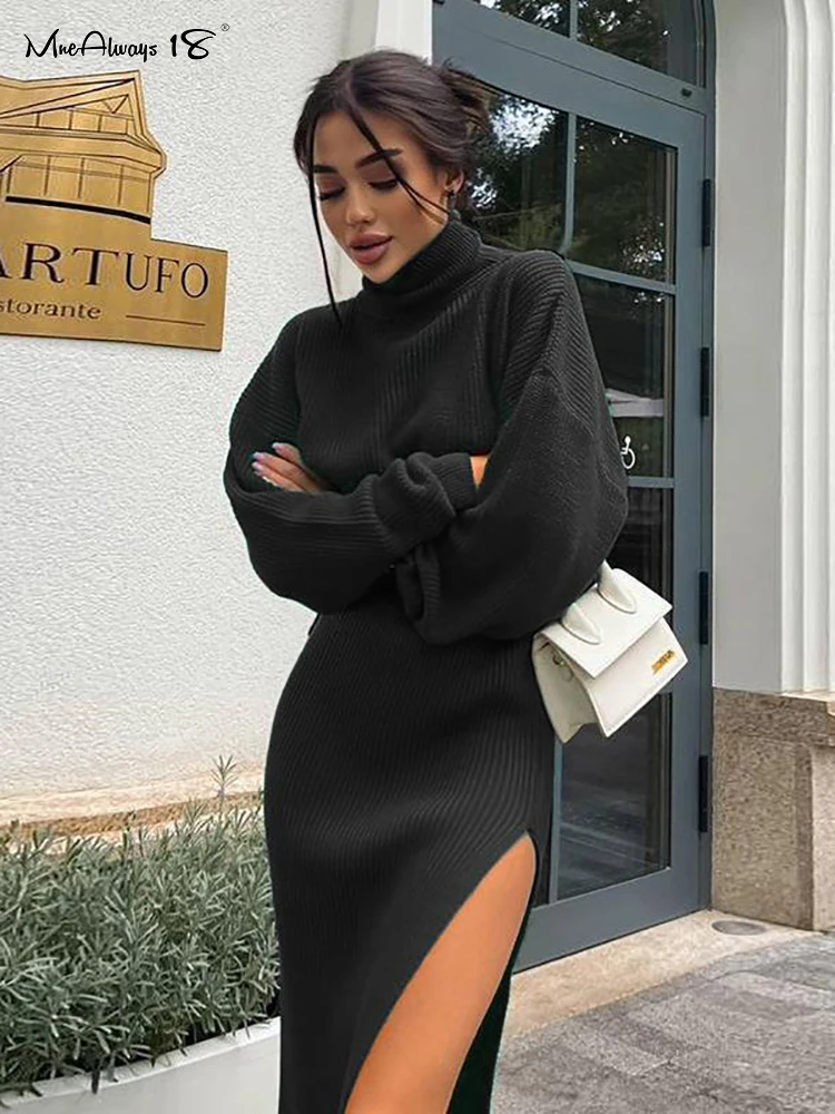 

Mnealways18 Knitted Turtleneck Sweater And Split Skirt Women 2 Piece Set Winter Female Pullover Suits Ribbed Knitting Skirt Sets