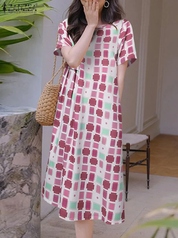 

ZANZEA Fashion Round Neck Party Dress Loose Holiday Dresses Short Sleeve Color Plaid Sundress Summer Casual Women Midi Vestido