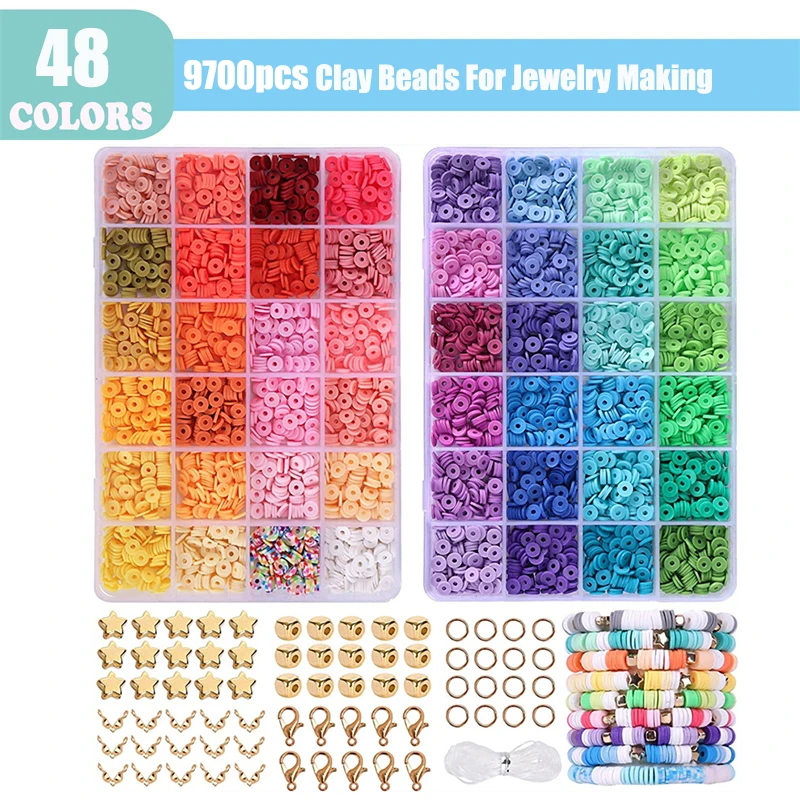 

QXTC 9700PCS Polymer Clay Beads Set 48 Color Flat Chip Beads For Boho Bracelet Necklace Maker Accessories Kit DIY For Girls