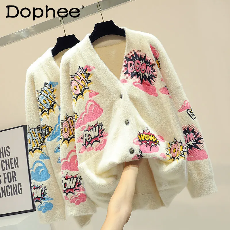 

Korean Style Cardigan Sweater Female Chic Thickening Warm V-Neck Letter Jacquard Knitting Jacket Student Winter Loose