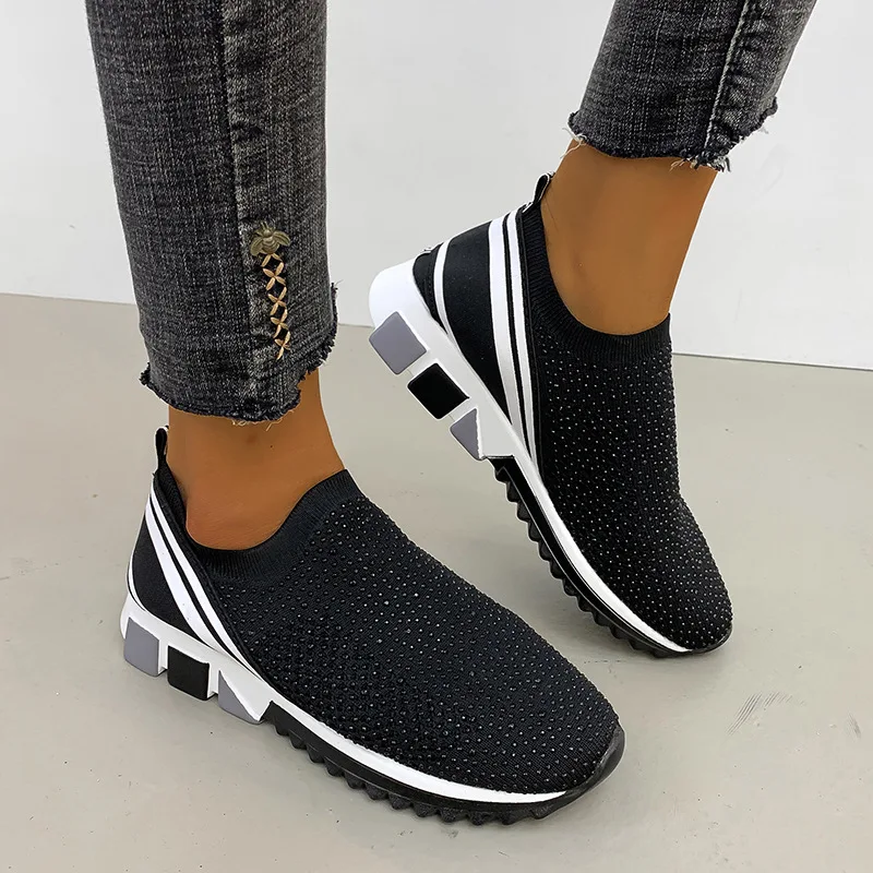 

Bright Diamond Letter Shoes Loafers Slip on Walking Women Sneakers Breathable Sock Women's Trainers Brand Chaussure Homme