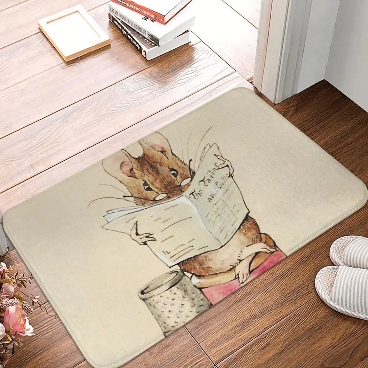 

Animals Kawaii Cute Bath Mat Little Mouse Reading Atop A Spool Beatrix Potter Doormat Kitchen Carpet Entrance Rug Home Decor