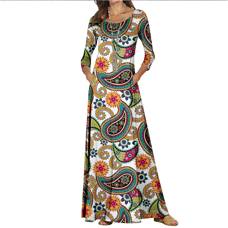 

Spring Summer Women'S Round Neck Long Dress Color Pattern Printing Fashion Collection Cross-Border Clothing Holiday