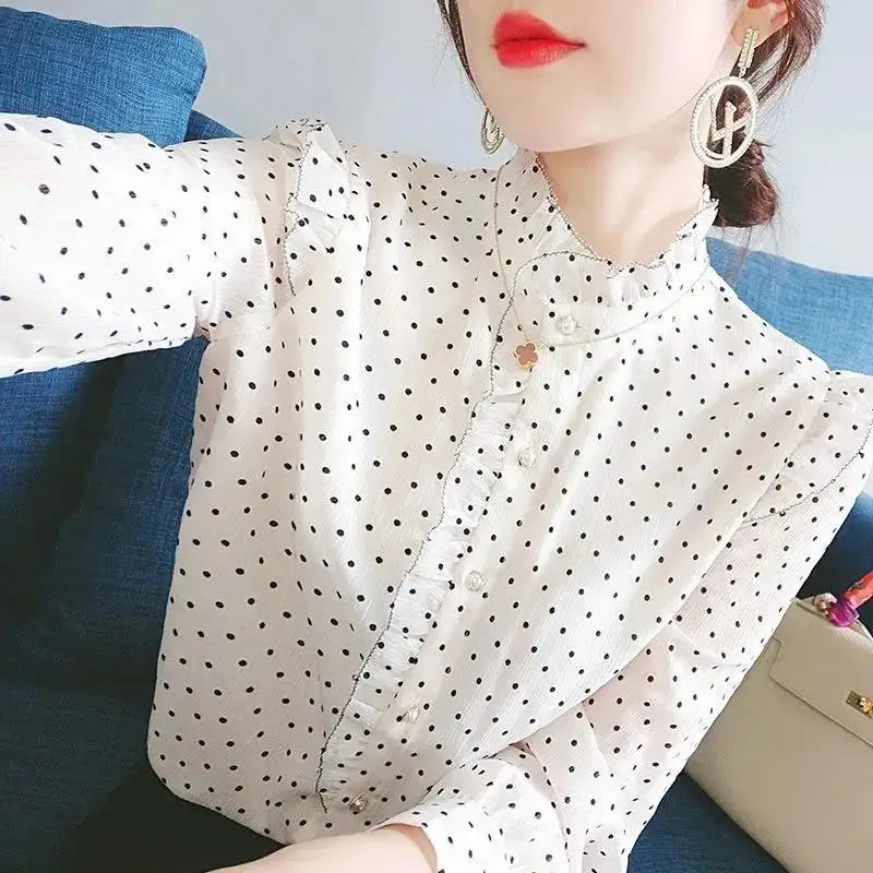 

Elegant Stand Collar Printed 2022 Autumn New Ruffles Polka Dot Chiffon Shirt Oversized Casual Women's Clothing Commute Blouses