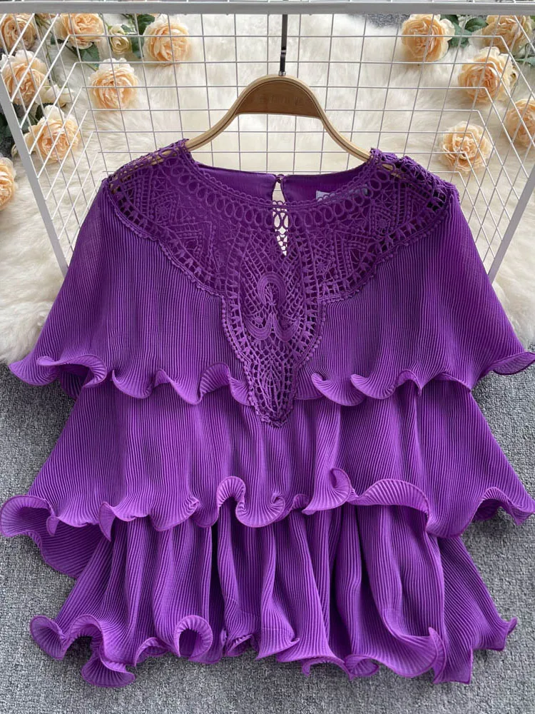 

Summer Design Multi-layer Fungus Edge Chiffon Stitching Lace Blouse Round Neck Loose All-match Temperament Shirt Women Y019