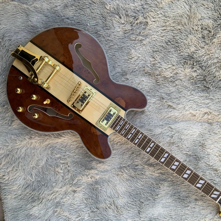 

In stock Custom electric guitar double F-hole jazz guitar rosewood fingerboard natural color maple body and neck