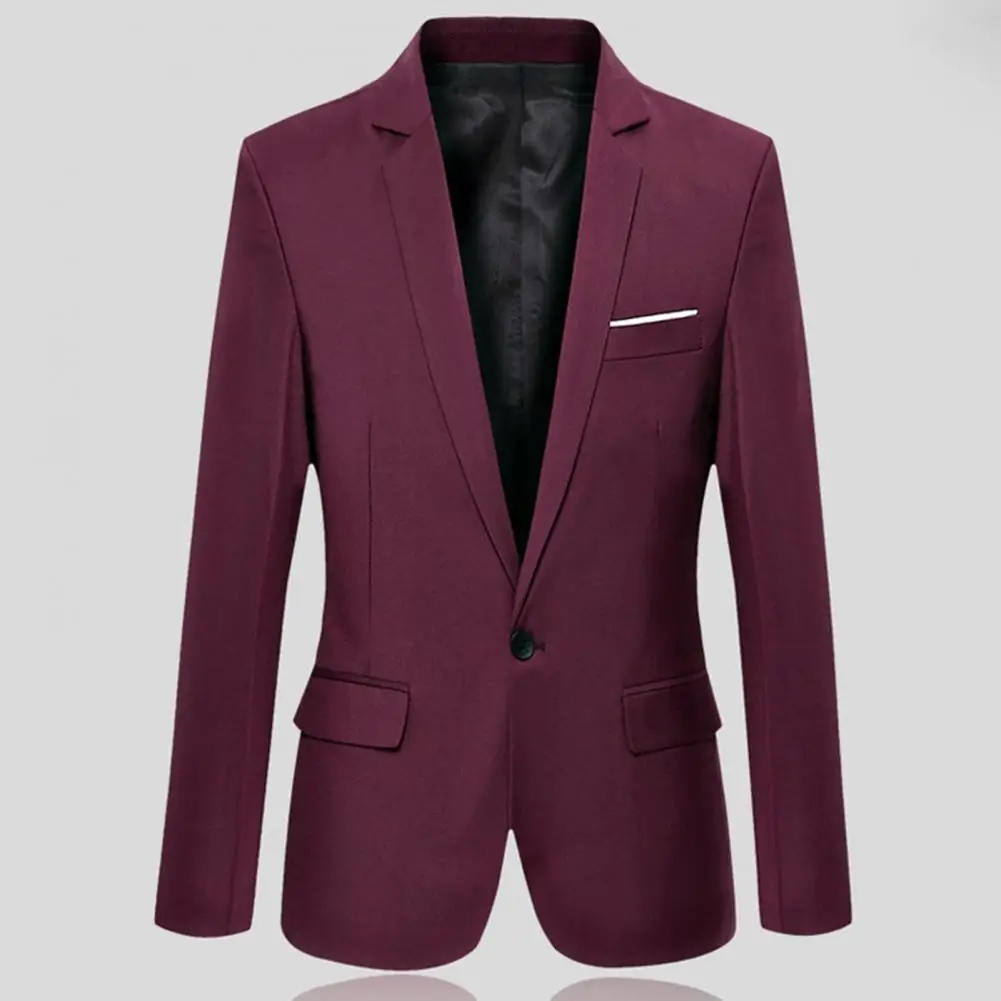 

Flap Pockets Men Blazer Solid Color Single Button Long Sleeve Lapel Men Formal Business Suit Jacket Male Clothing