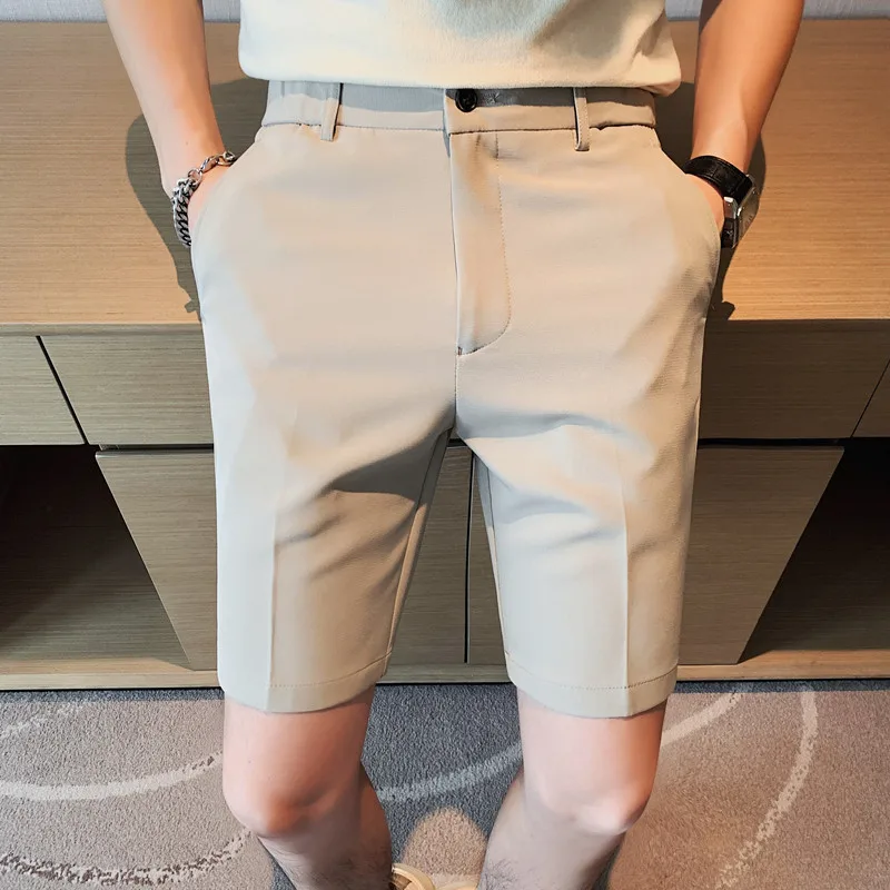 2022 Hot Sale Summer Knee Length Solid Business Shorts For Men Clothing Elastic Waist Slim Fit Casual Short Homme Formal Wear