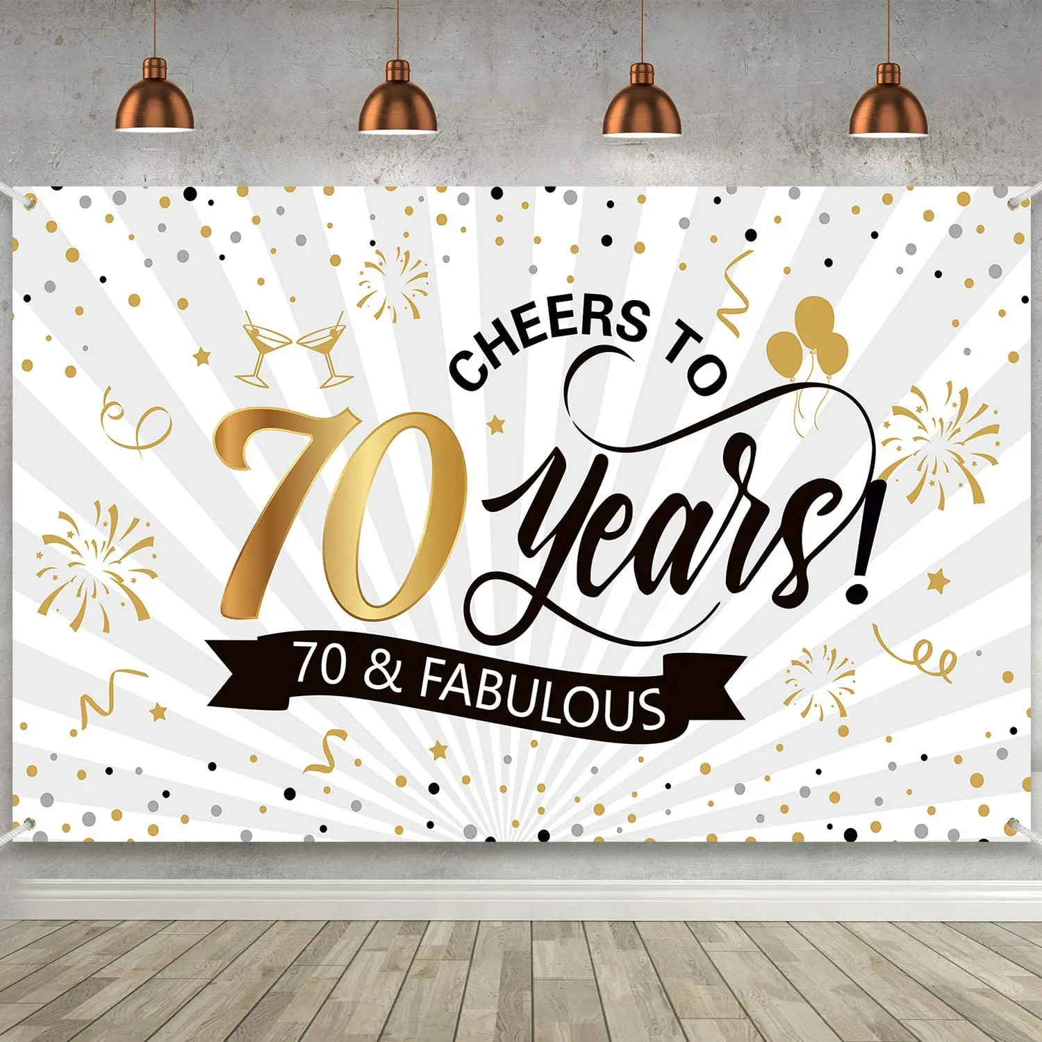 

Happy 70th Birthday Party Backdrop for Women Men Seventy Anniversary Wall Decor Table Banner Poster Black White Gold Background