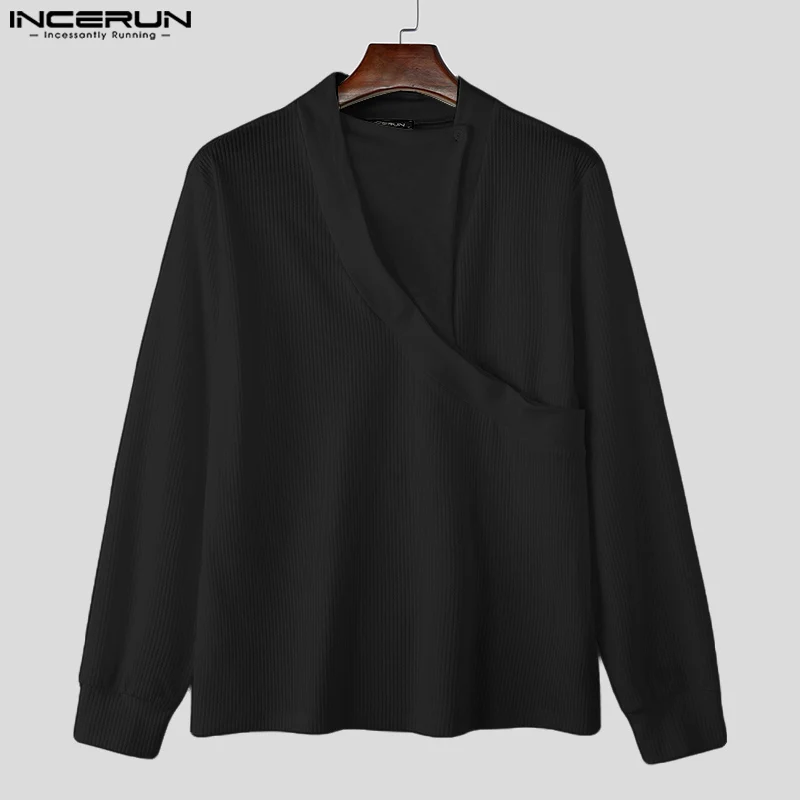 2024 Well Fitting Men Tops INCERUN Casual Solid Long Sleeve Pullovers Elegant Streetwear Male Sweaters American Style Tees S-5XL